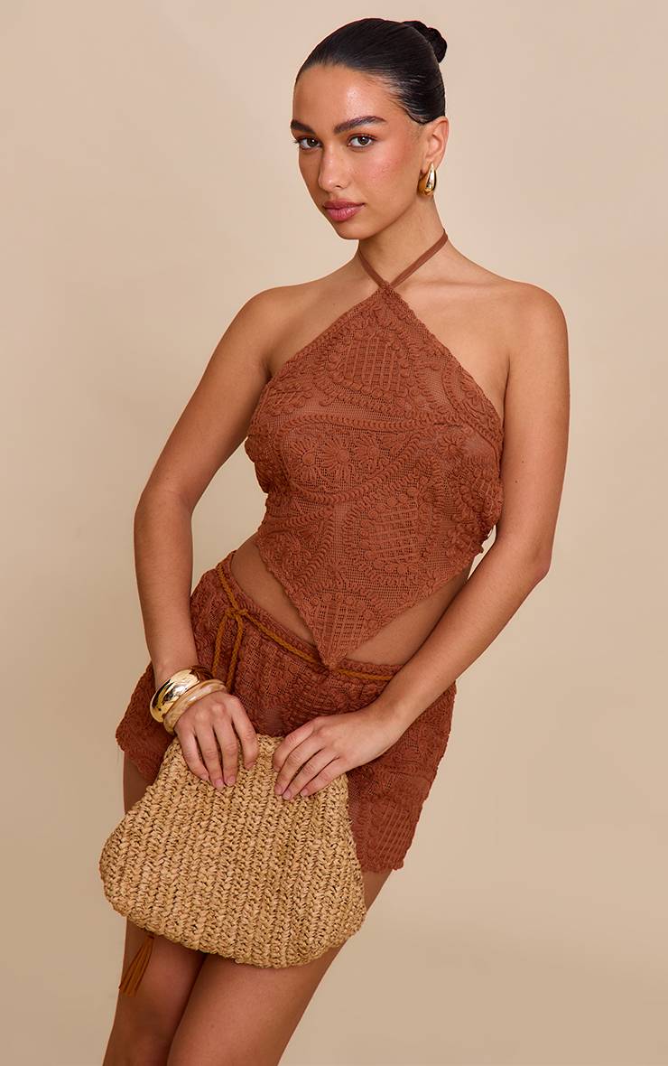 Orange Brûlé Short Mini Taille Mi-haute Brodé Texturé