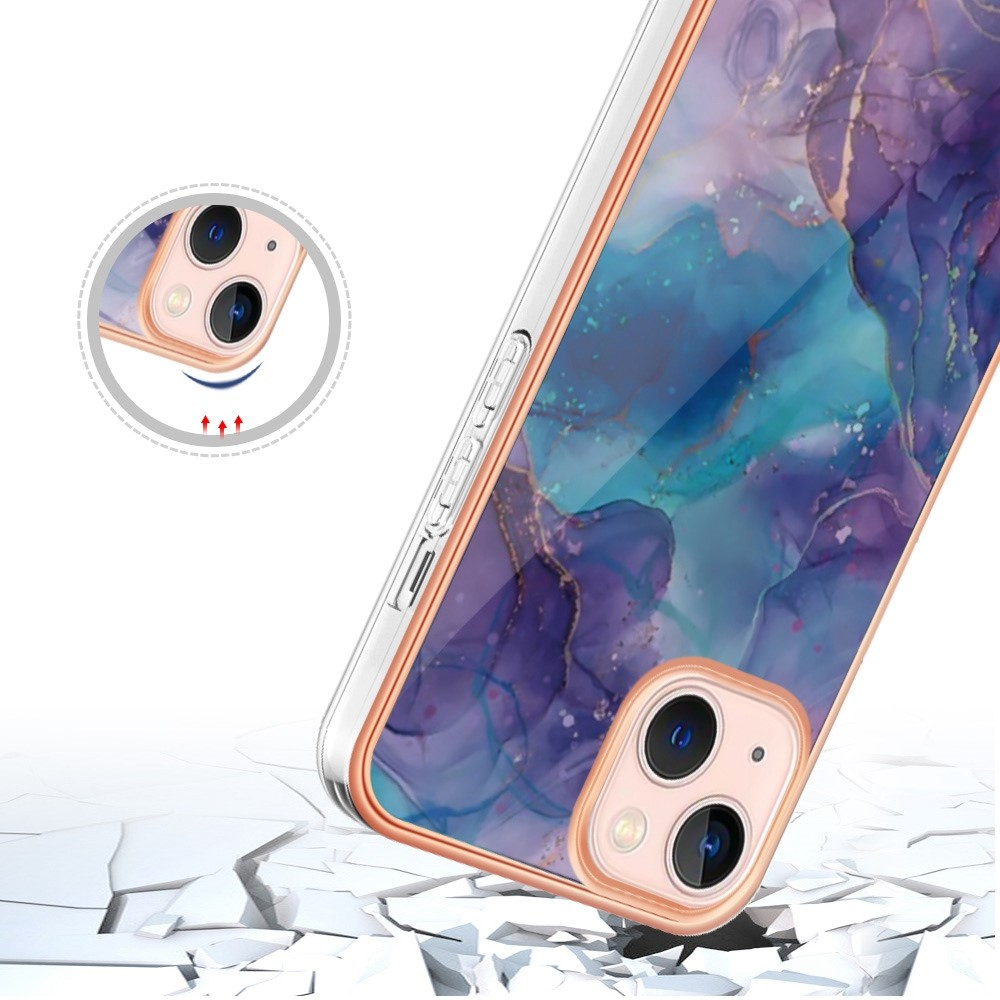 iPhone 14 Gummi Case Hülle Galvanisierter Rahmen Marble Marmor Design - Lila / Blau / Roségold