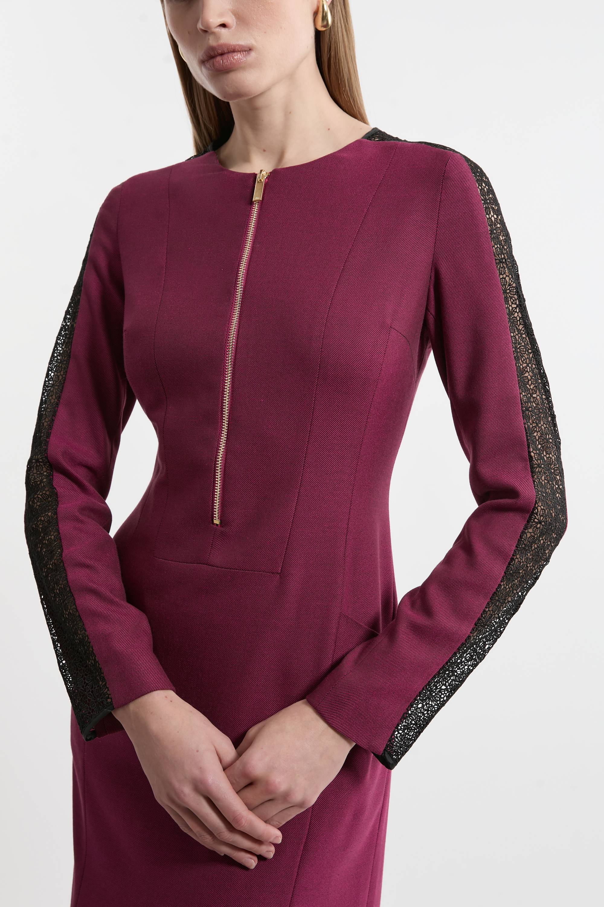 KarenMillen Robe midi à zip avant en mélange de twill et dentelle sur mesure