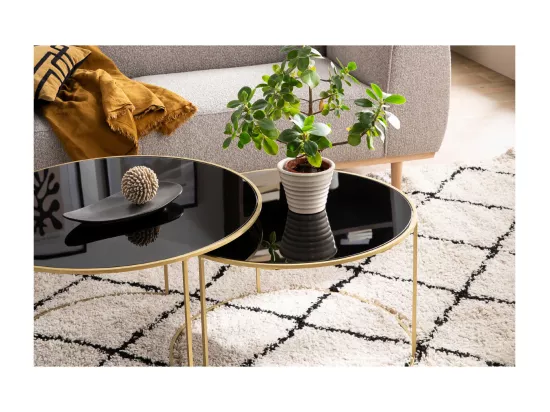 Tables basses gigognes rondes design métal doré et verre teinté noir (lot de 2) ROXO