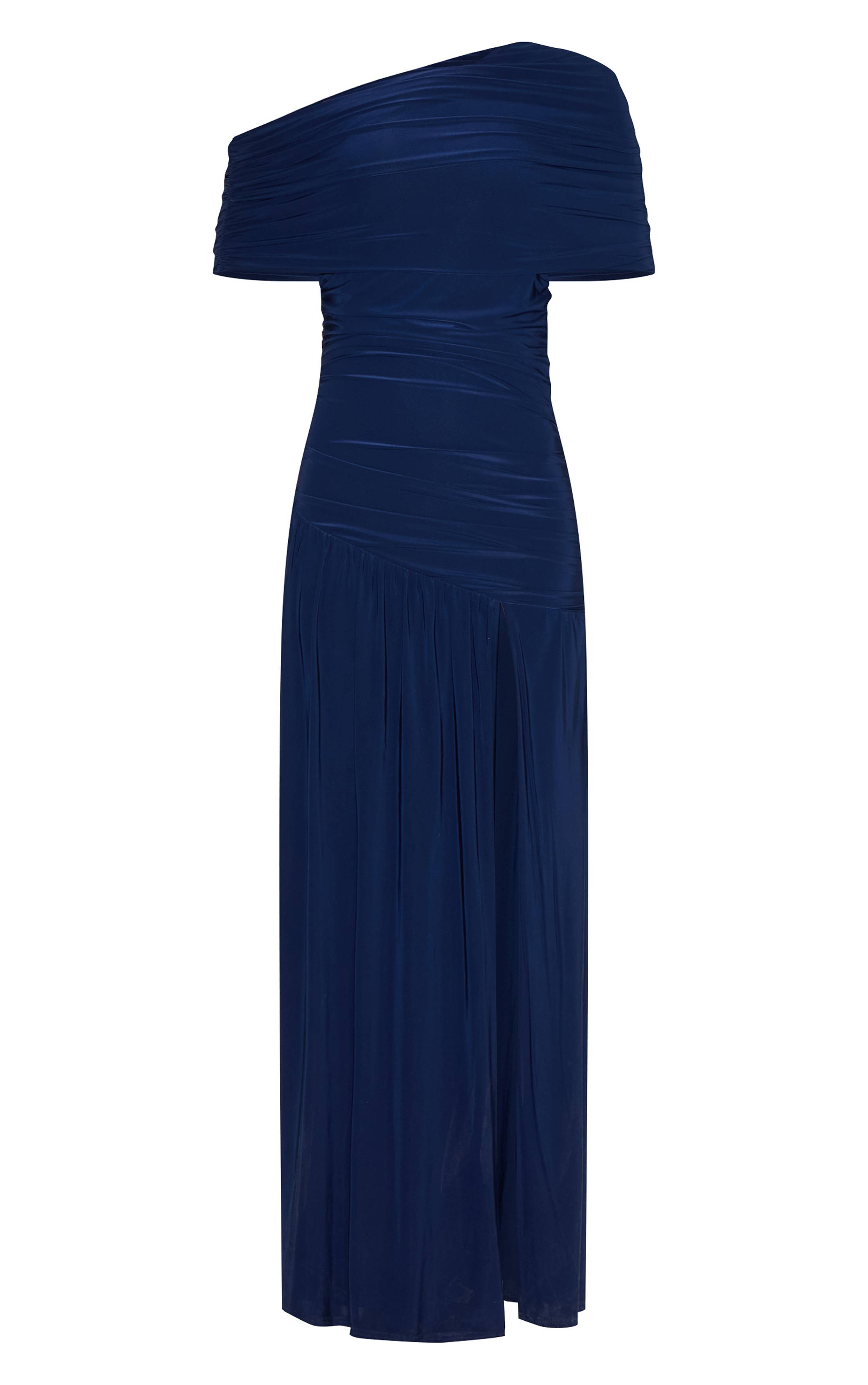 Bleu Marine Robe Longue Froncée À Double Couche Slinky Bardot Asymétrique