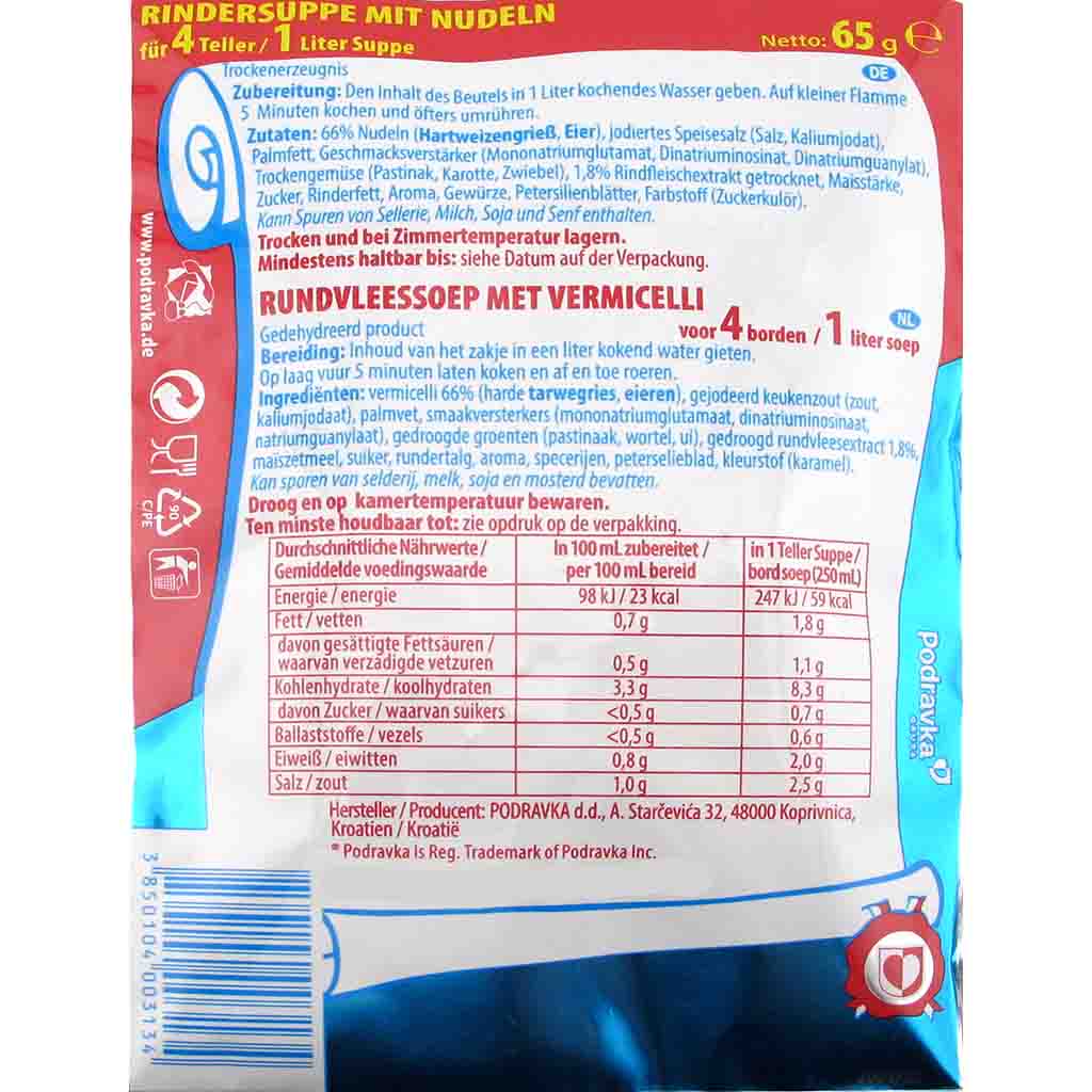 Podravka Rindersuppe mit Nudeln 65g MHD:3.12.25