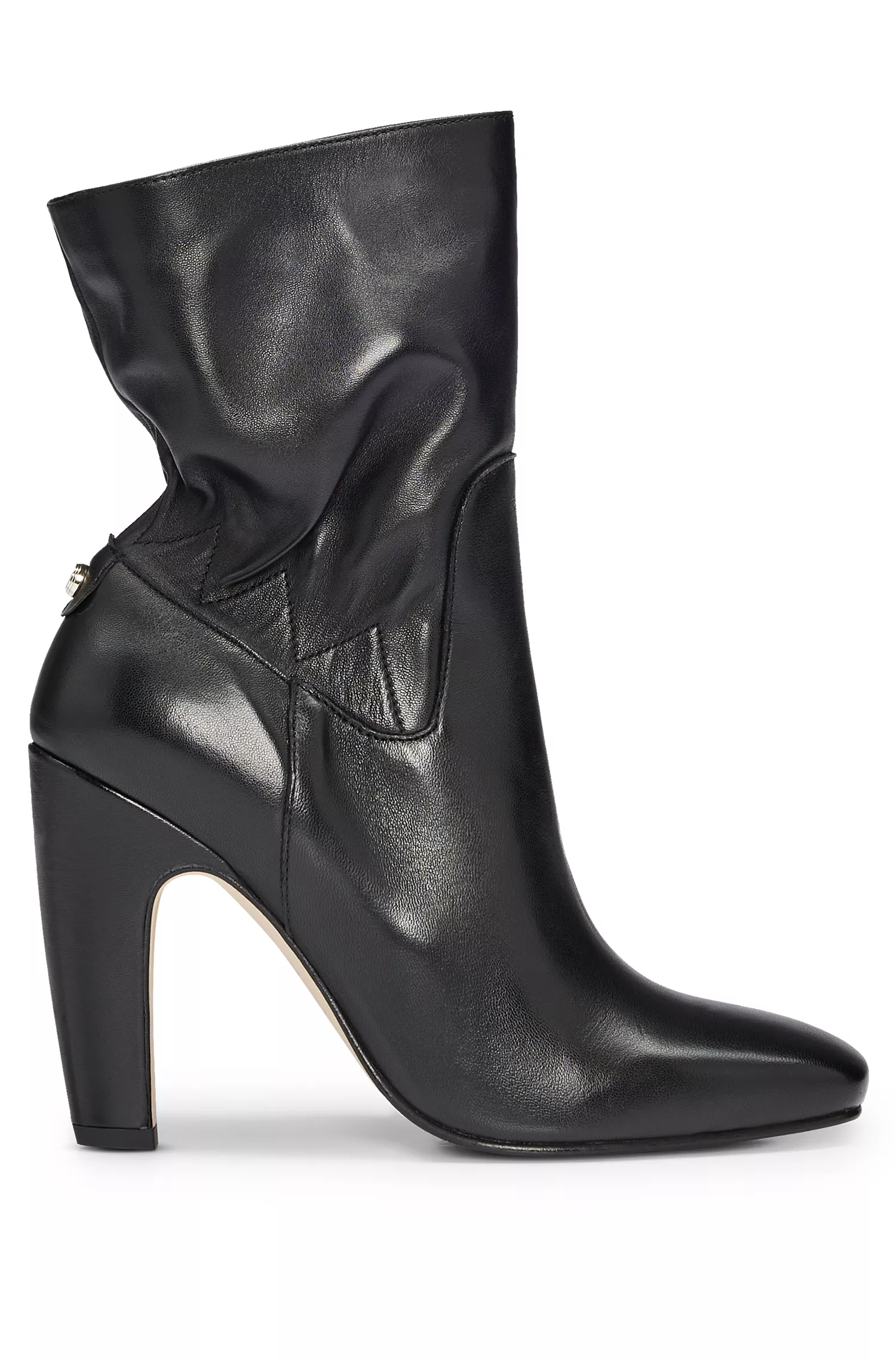 Botas BOSS pretas de salto alto em couro napa com detalhe de monograma.