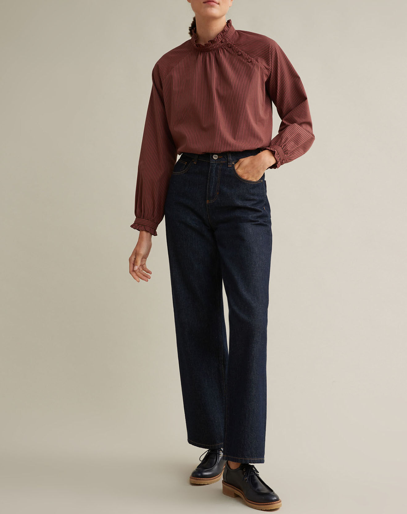 Cyrillus Blouse rayée col volanté rouge foncé