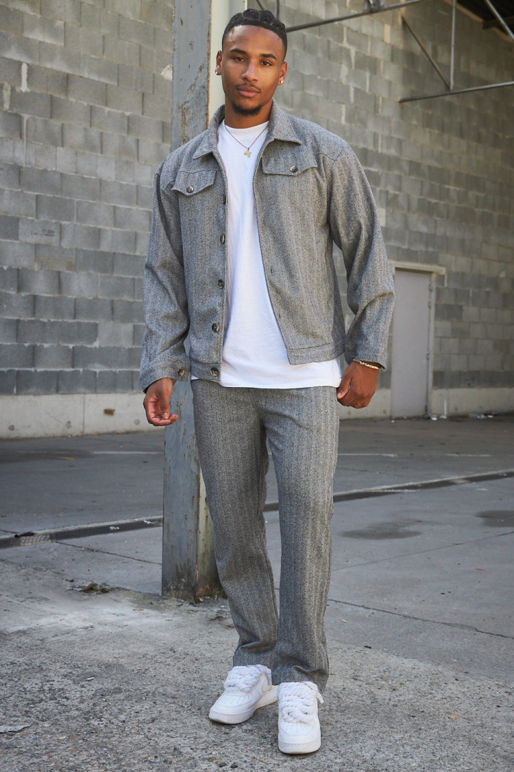 Ensemble 2 pièces chemise + pantalon gris à chevrons