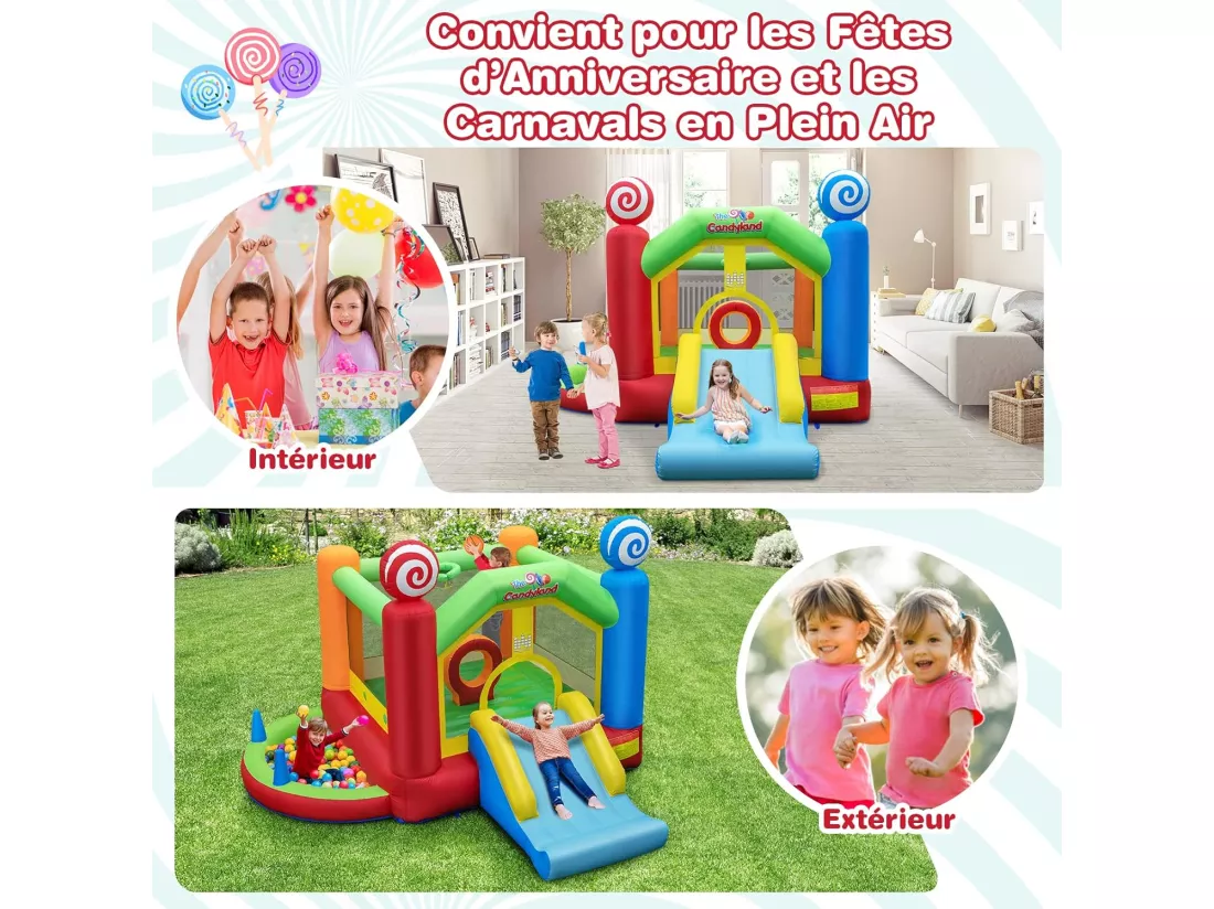 Château Gonflable avec Souffleur 680W, Maison de Saut Géante Intérieure Extérieure avec Toboggan, Décorations de Sucette, 50 Balles Océanique, Panier de Basket-Ball pour Enfants 3 Ans +