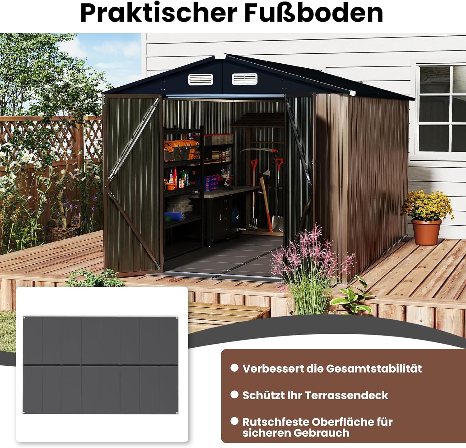COSTWAY Bodenplatte für Geräteschuppen, 343 x 215 cm Gartenhaus-Fundament mit Rutschfester Oberfläche, verstärkte Streifen, Boden für Gerätehaus
