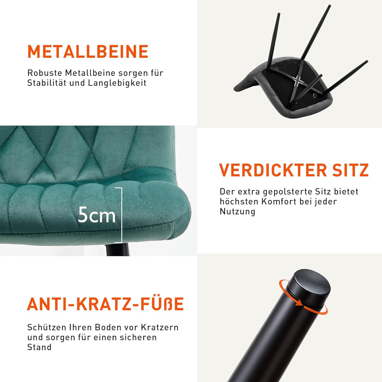 CLIPOP Samt Küchenstühle, Esszimmerstühle Polsterstuhl Wohnzimmerstuhl, Sitzfläche mit Rückenlehne und Metallbeine (Samt Grün, 6er Set)