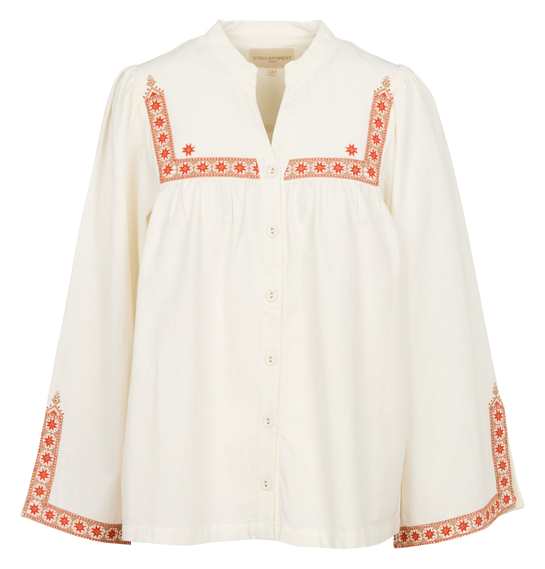 GALATEE - Chemise col V droite en coton brodé | Beige