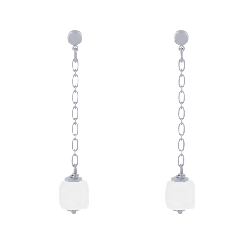 Boucles d'Oreilles Chainette Laiton Argenté et Cube en Céramique