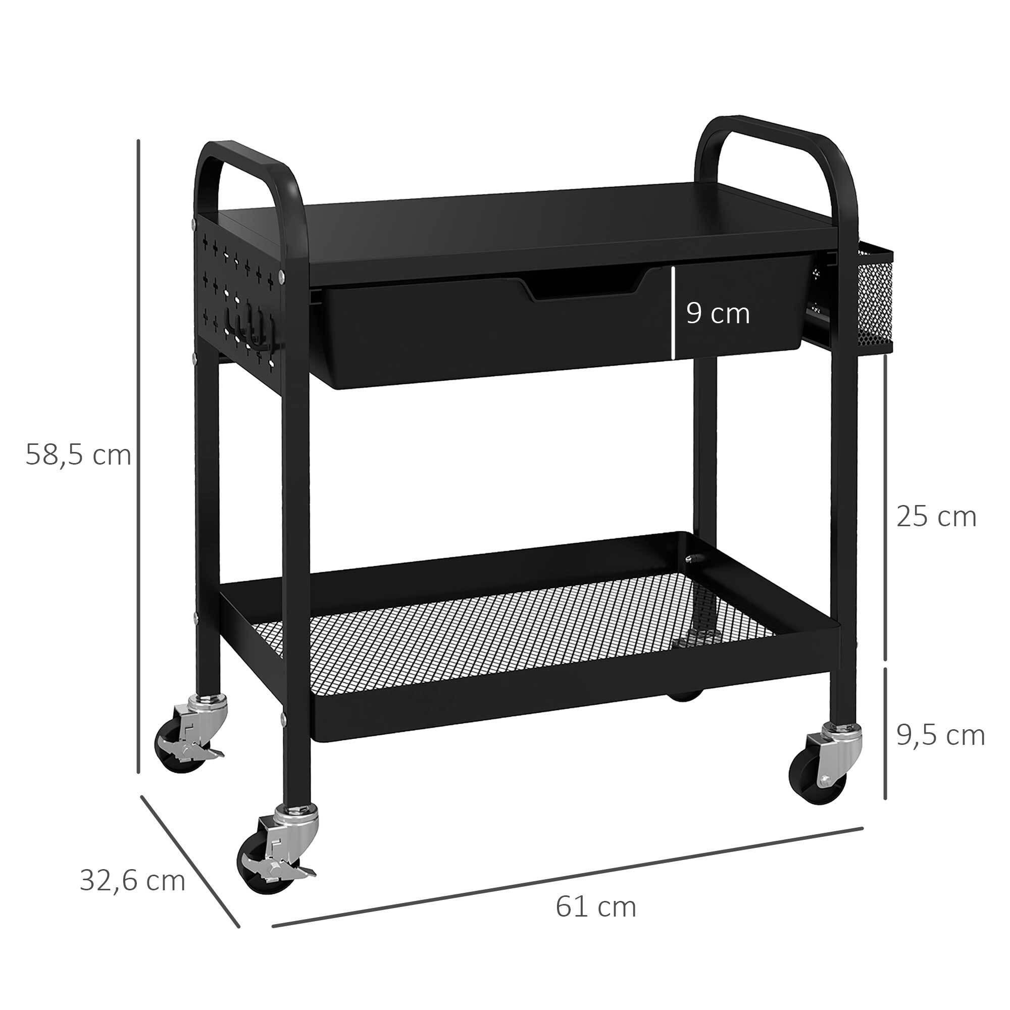 HOMCOM Rollwagen mitSchublade, 2 Ablageflächen und 4 Rollen schwarz 61L x 32,6B x 58,5H cm