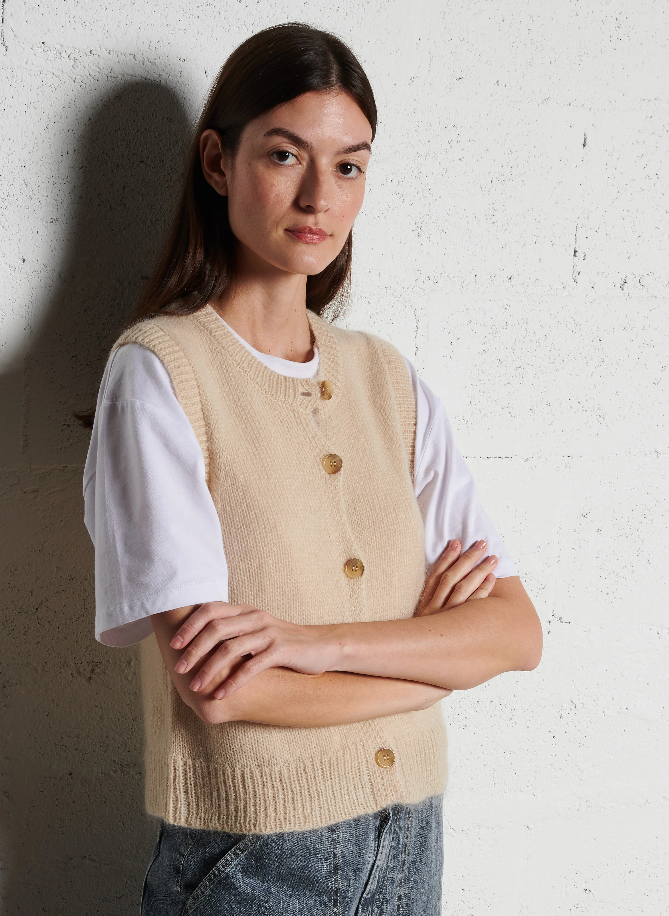 LOUKA - Cardigan col rond en mohair mélangé | Beige