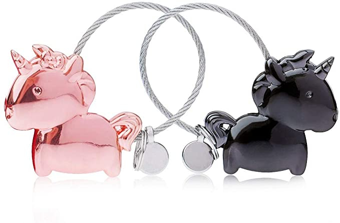 (2er Set) Magnetische Metall Einhorn Schlüsselanhänger Couple Handtaschen Accessoire für Liebespaare / Feunde - Schwarz / Roségold