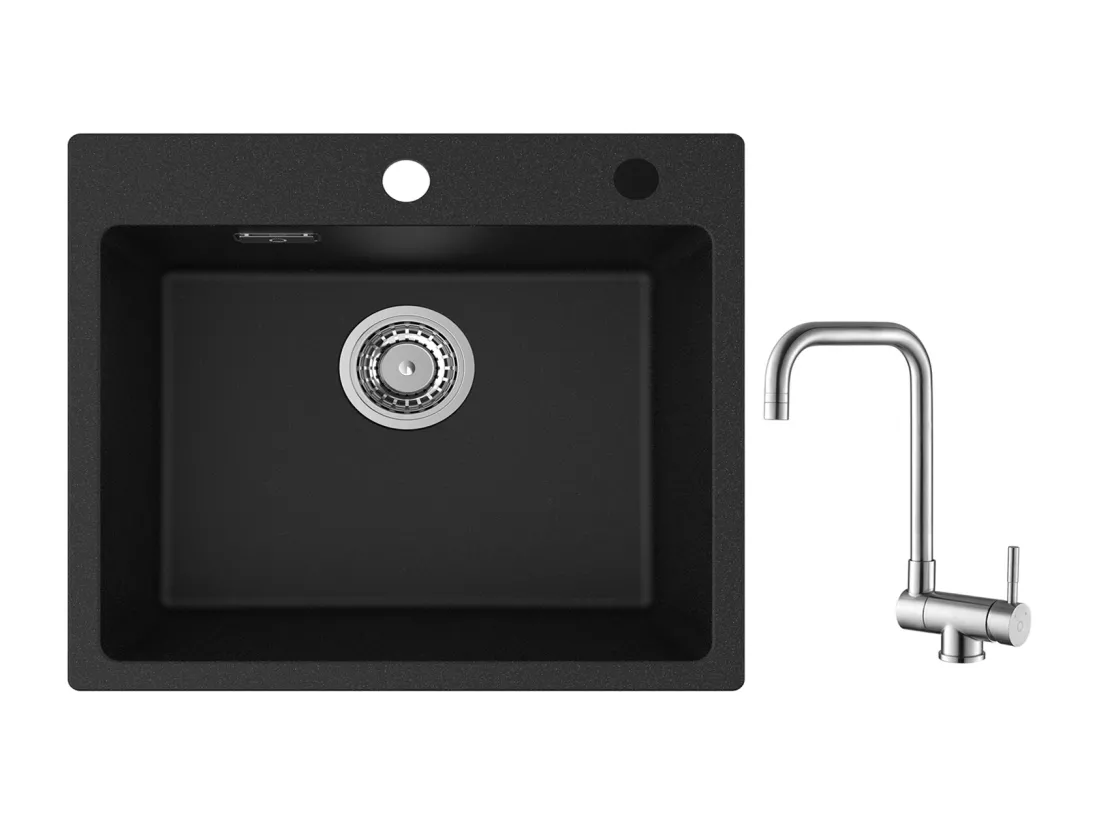 Cecipa max Evier Quartz Noir 50x45cm Evier 1 Bac en Quartz Evier de Cuisine en Granit + Robinet Cuisine Rabattable Mitigeur de Evier Repliable Brossé