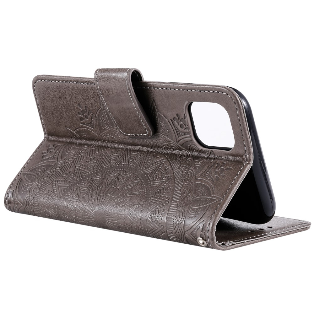 iPhone 13 Leder Tasche Wallet - Mandala Flowers Imprint - Grau