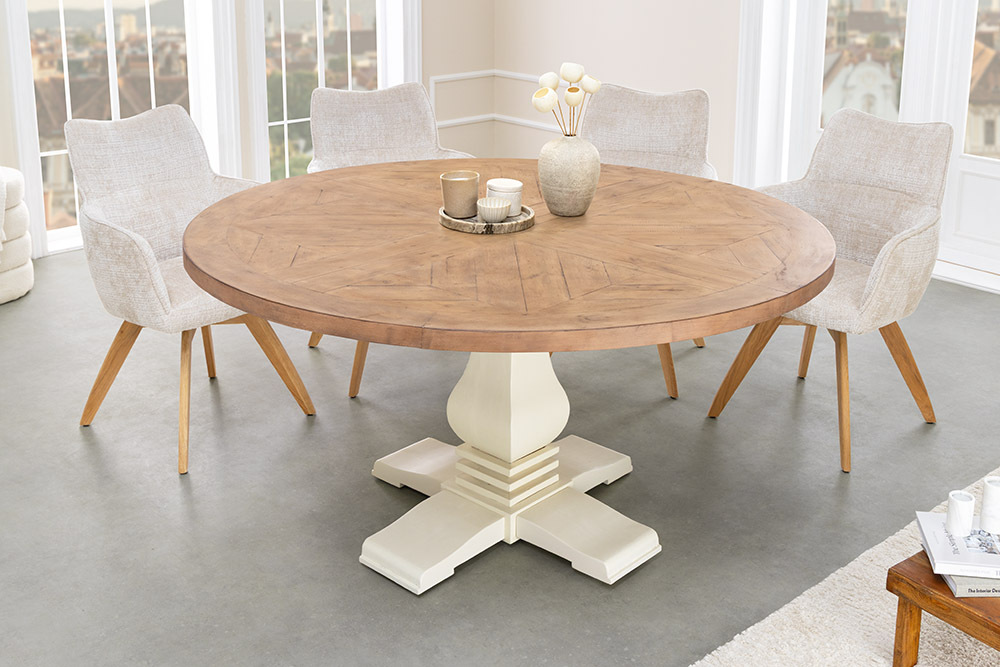 Runder Esstisch HAMPTONS 140cm hellbraun creme recycelte Pinie Massivholz