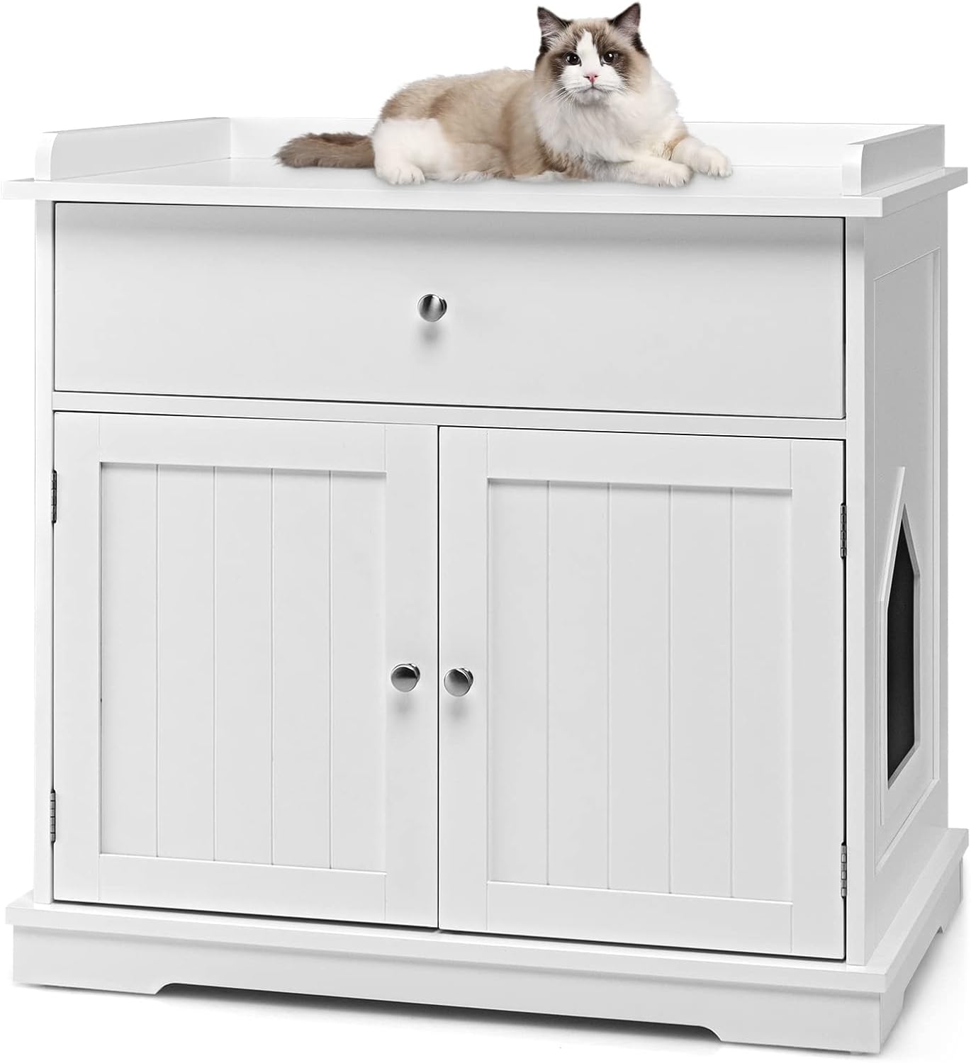 COSTWAY Katzenschrank mit Schublade & Tür & Eingang, 3-in-1 Katzenhaus Katzentoilette Beistelltisch, Schrank Katzenklo Katzenkommode, Katzenhöhle Haustierbox, Katzenmöbel (Weiß)