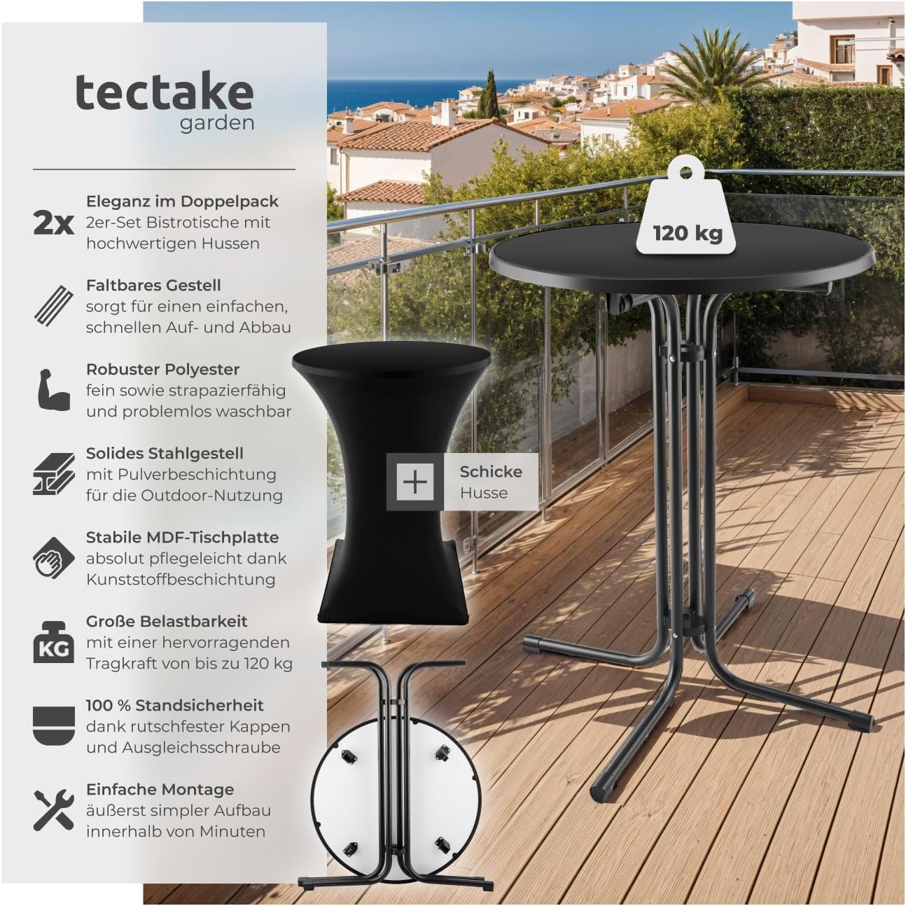 tectake® Gastro 2er Set Stehtisch klappbar, Bistrotisch mit Husse, Tisch Ø80cm, Stehtisch mit MDF-Tischplatte, Gartentisch klappbar, Klapptisch, rund, Stahlgestell, stabil, robust - schwarz, 2er Set
