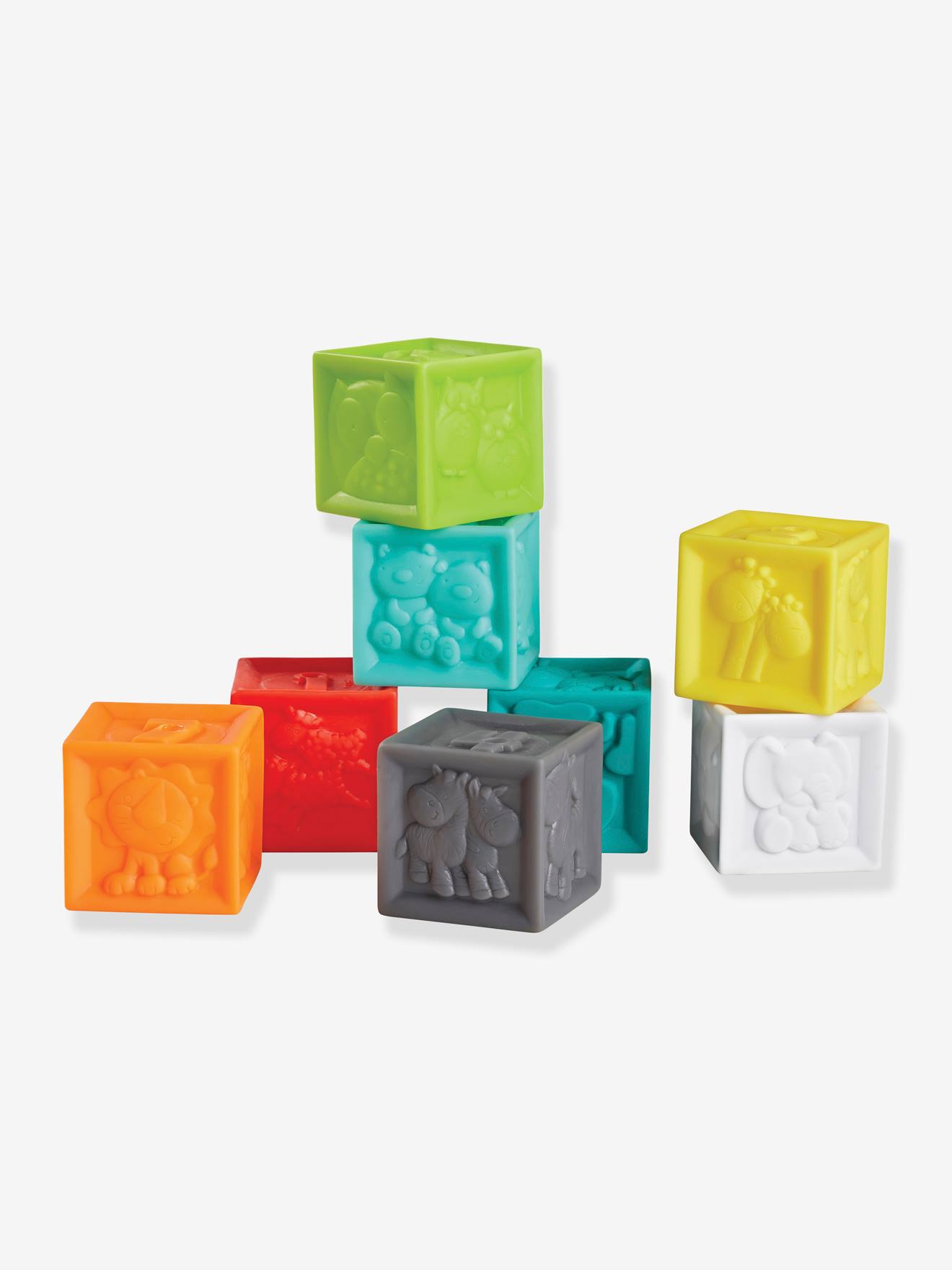 Conjunto sensorial multicolorido Bluebox com 8 bolas, 4 animais e 8 cubos.