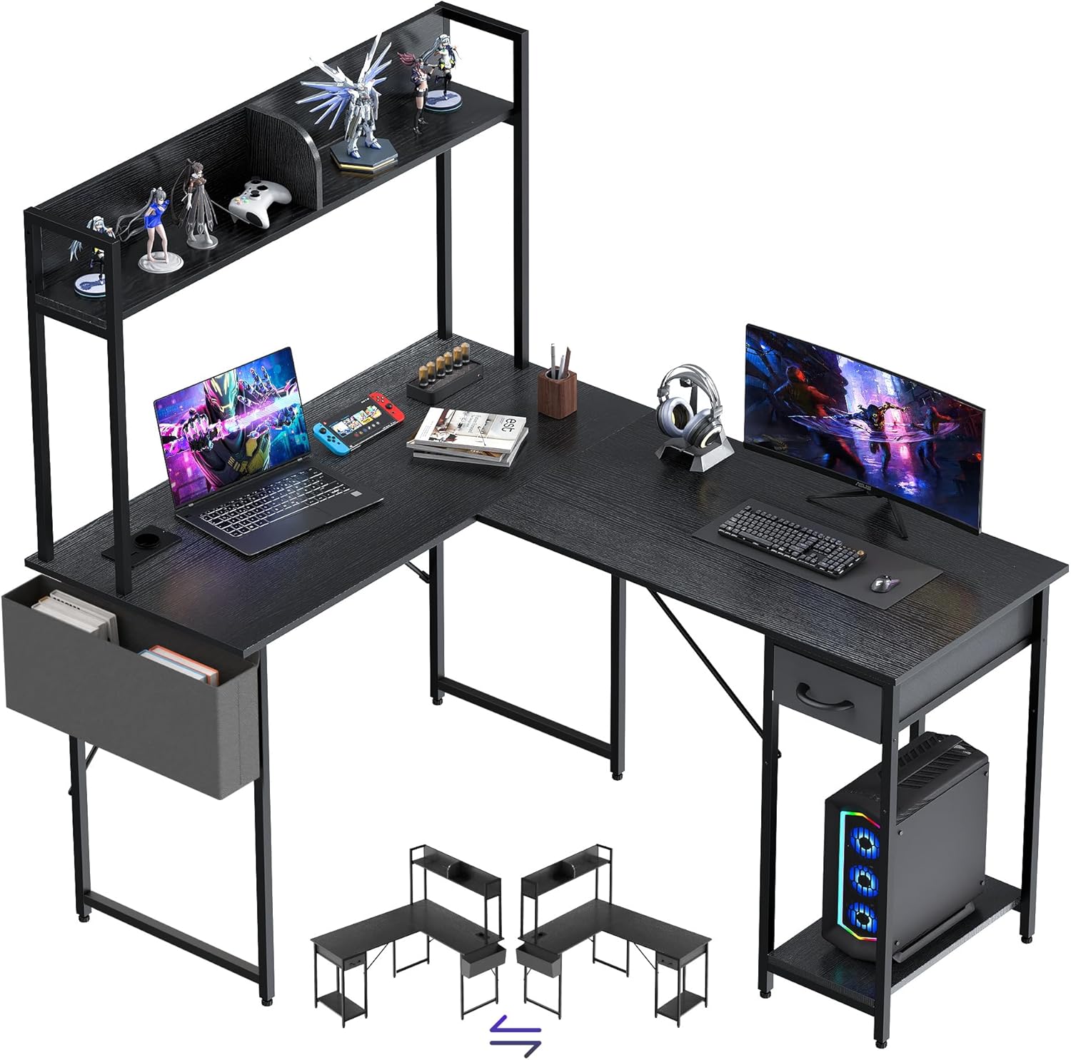 Yansee L-förmiger Schreibtisch, Gaming-Tisch Mit LED, 140×110cm Reversibel Schreibtisch L Form Mit Steckdosenleiste, Eckschreibtisch Eckschreibtisch Mit Aufsatzregal, Schwarz