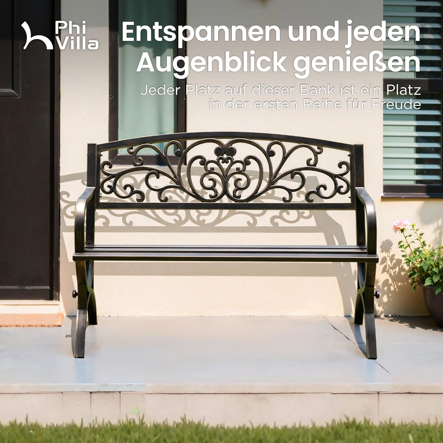 PHI VILLA Gartenbank Metall Rückenlehne aus Gusseisen Stahlrahmen 2-3 Sitzer Bank Outdoor mit Floralem Design für Park, Garten und Terrasse Bronze