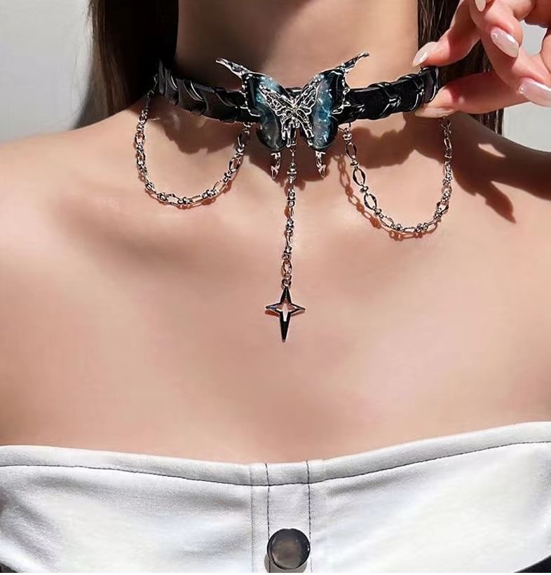 Lilafey - Vlinderster gelaagde legering imitatieleren choker