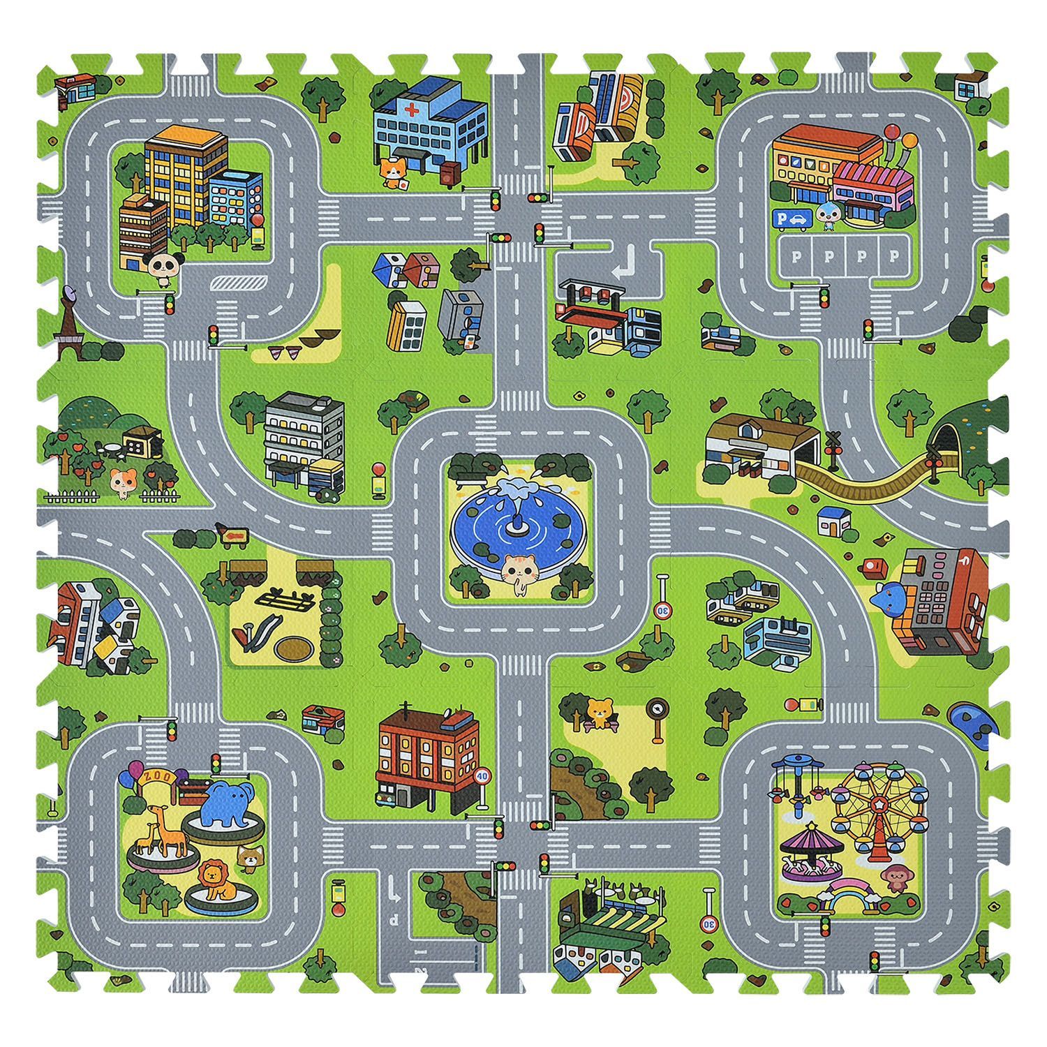 Juskys Kinder Puzzlematte Jascha 9 Teile - Stadt & Straßen – rutschfest – Spielmatte ab 10 Monate