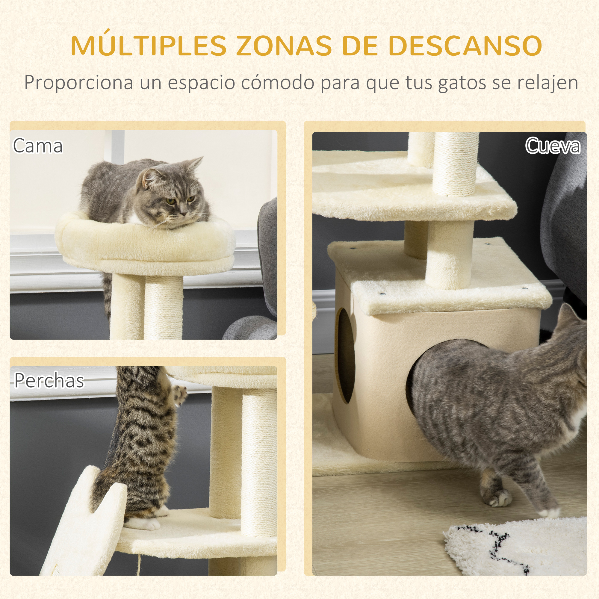 Arranhador PawHut para Gatos de Pequeno Porte, 83 cm de Altura, Torre para Gatos com Cama, Caverna, Plataforma, Bola Suspensa, Postes de Sisal e Rampa, 60x30x83 cm, Bege