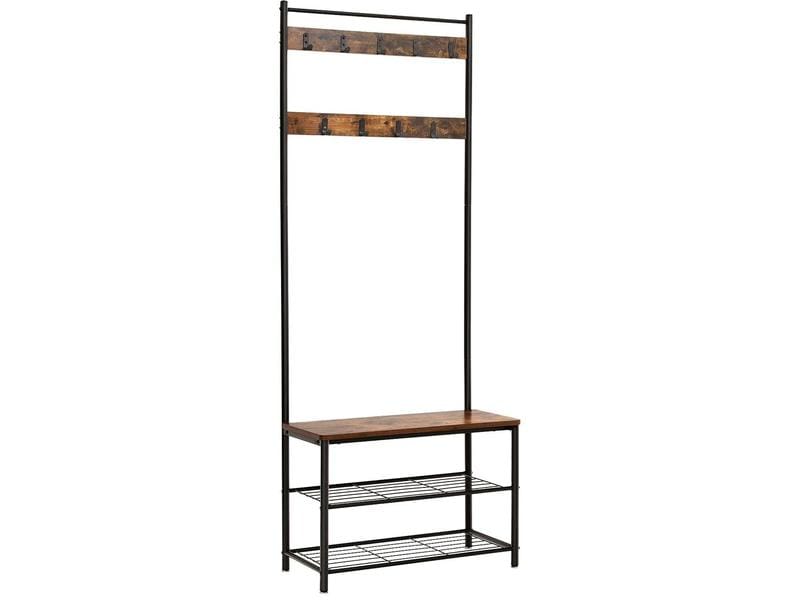 VASAGLE Garderobe mit Schuhablagen 175 cm, Braun/Schwarz Kleiderständer mit Sitzbank