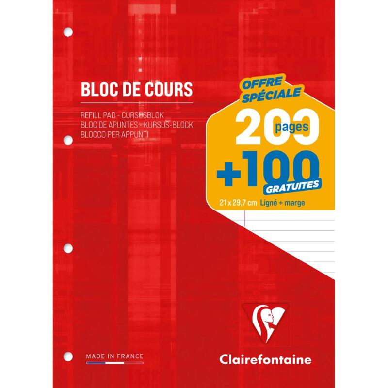 Bloc de cours encollé grand côté A4 200 pages détachables + 100 GRATUITES perforé 4 trous ligné + marge Bleu gris - Rouge