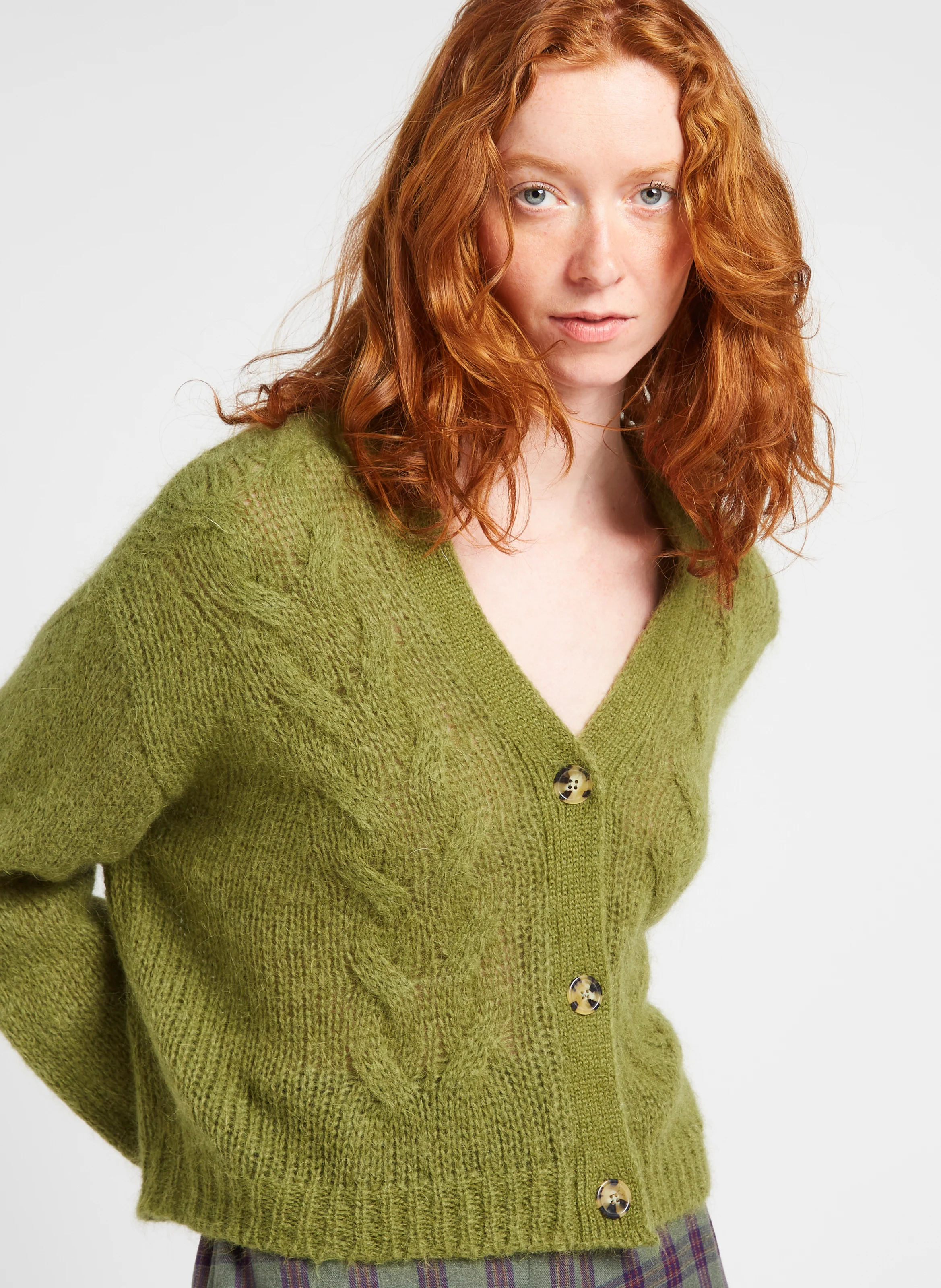 SIRIKA - Cardigan col V en laine mélangée | Kaki