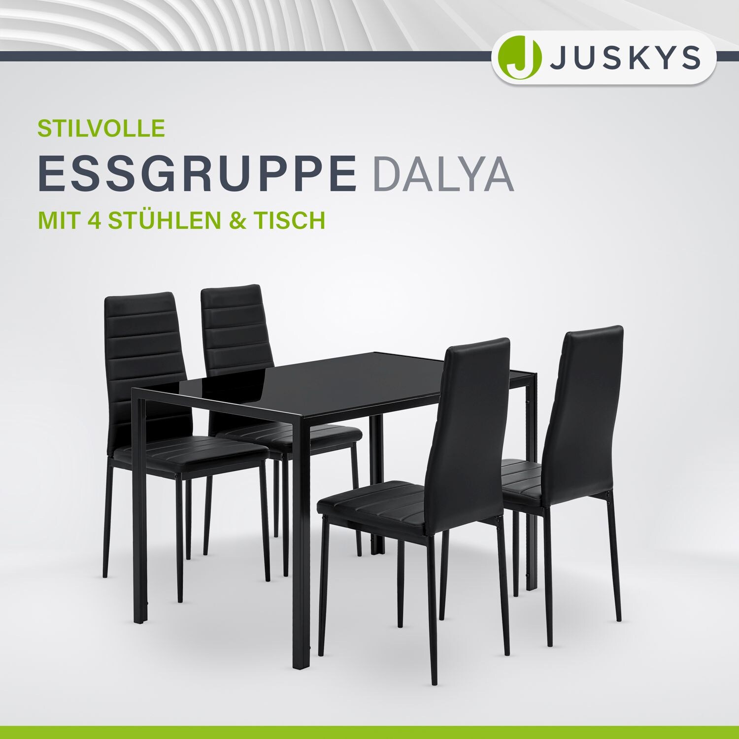 Juskys Essgruppe Dalya - Set mit Esstisch & Stühlen für 4 Personen - Esszimmergarnitur in Schwarz