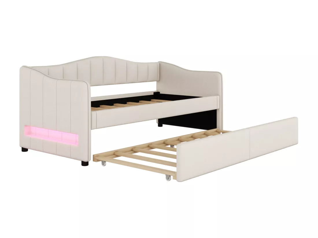 Lit banquette 90x200cm avec LED + lit gigogne 90x190cm - rembourré en tissu lin - Beige (matelas non inclus)