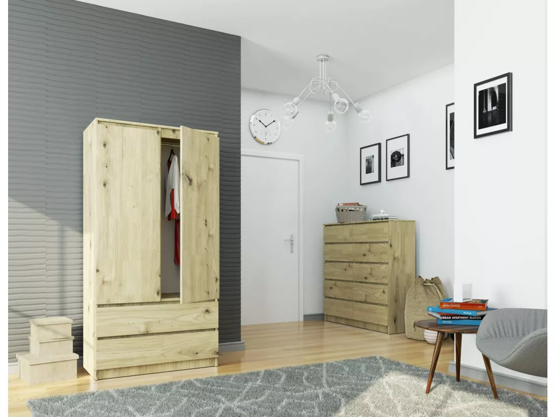 Armoire AKORD S90 Chêne Artisan 90 cm 2 portes 2 tiroirs façade Chêne Artisan 4 étagères 90x51x180 cm