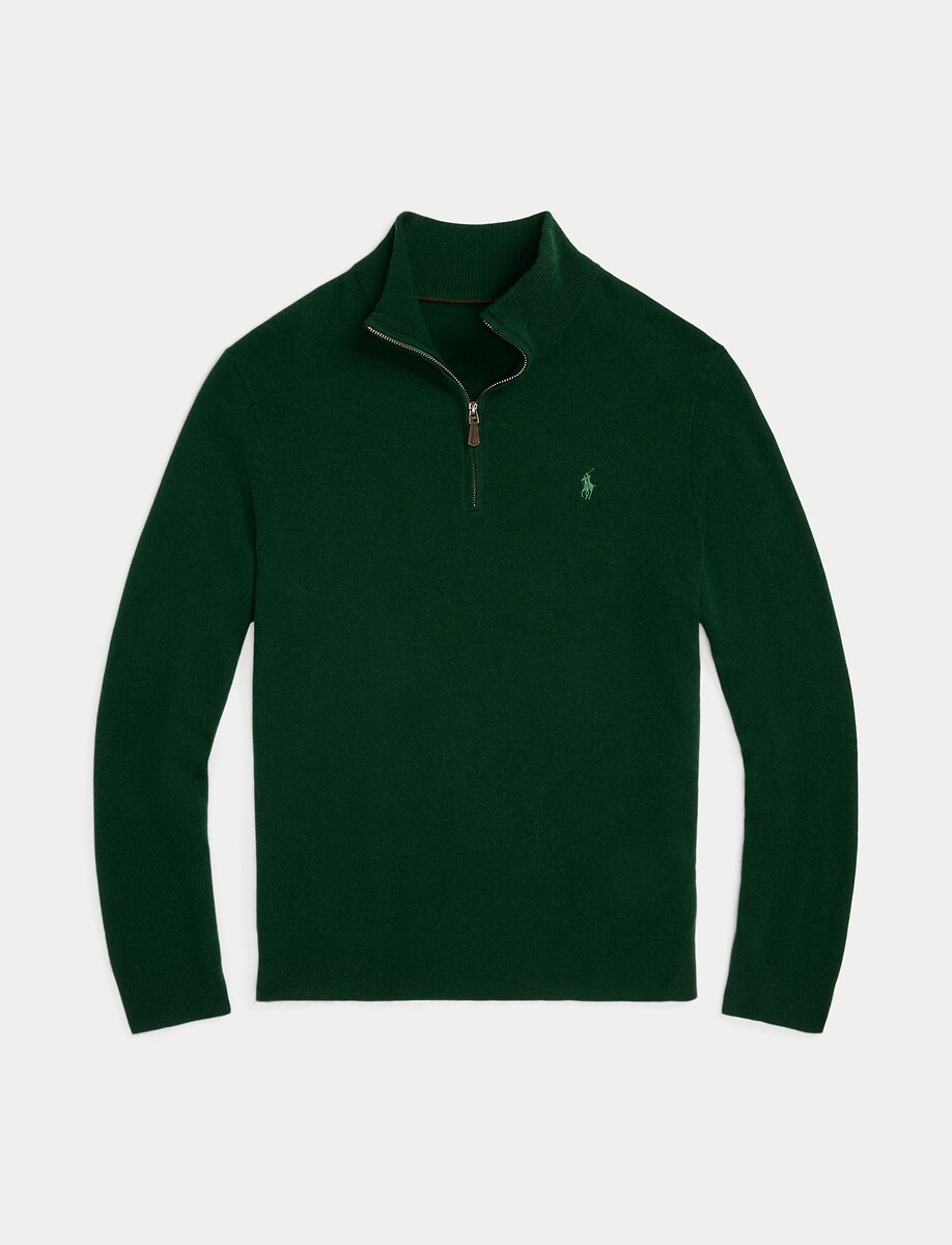 POLO RALPH LAUREN<br>Suéter de lã, meio zíper, bordado Pony Player