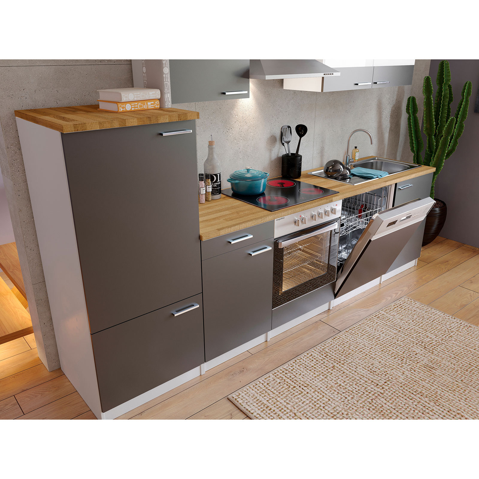 RESPEKTA Küchenblock - grau - mit E-Geräten - 280 cm