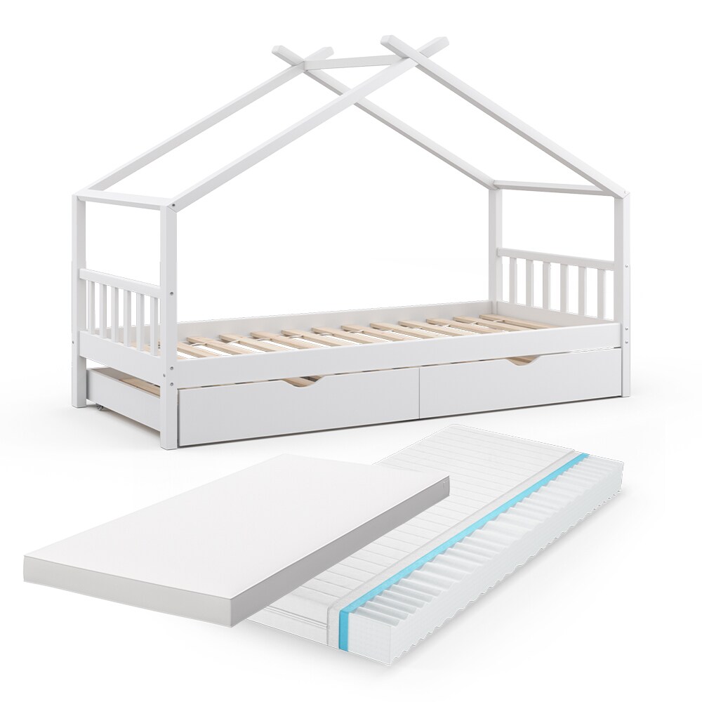 VitaliSpa Kinderbett Hausbett Gästebett Design Lattenrost 90x200 Matratze Weiß