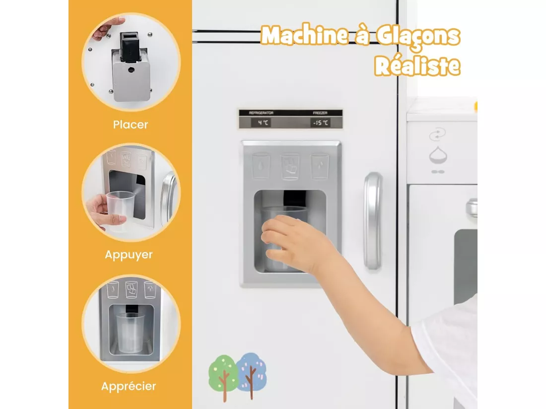 Cuisine d’Angle Enfants avec 16 Accessoires & Son & Lumière, Jeu de Cuisine Enfants avec Machine à Glaçon & Lave-Vaisselle Séparé, Tableau Noir pour Enfants de 3 Ans+(Blanc)