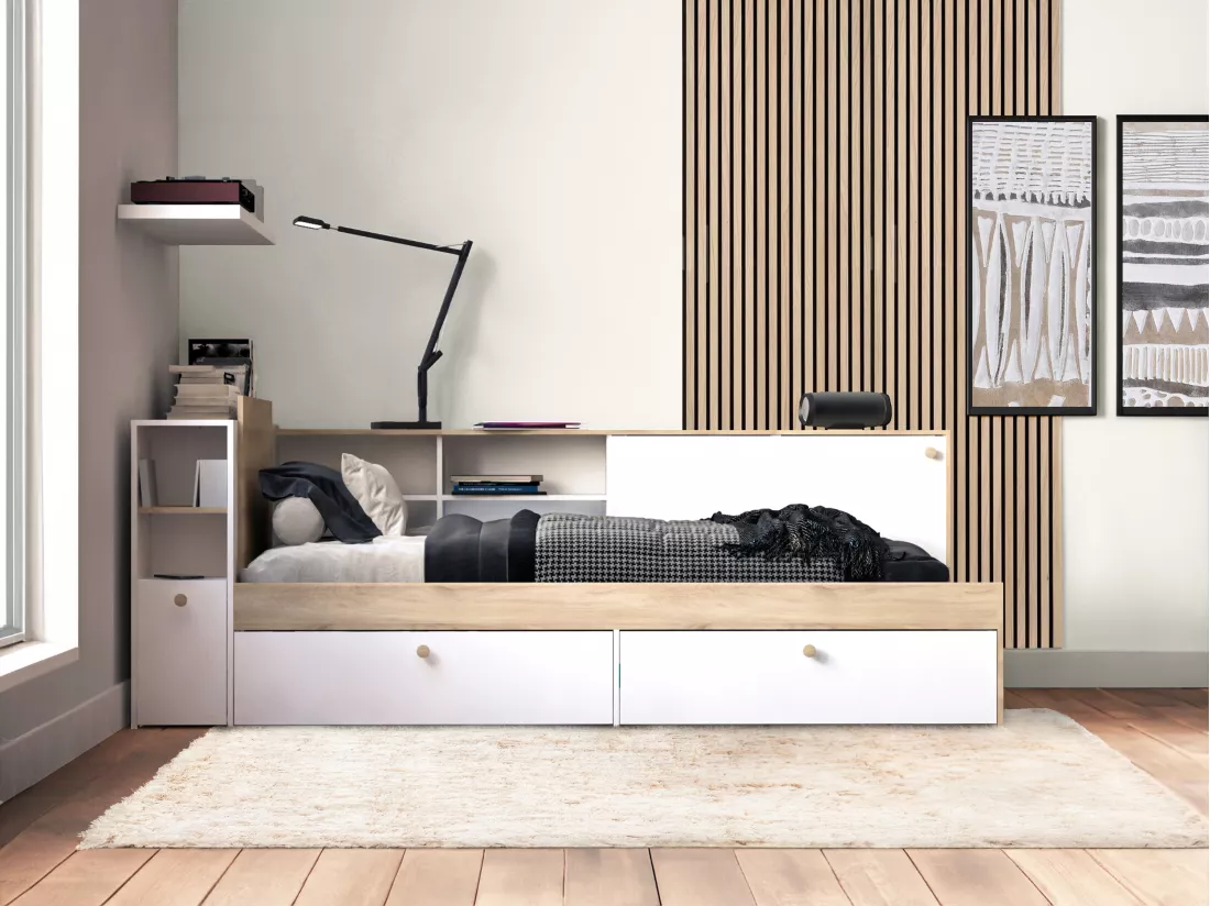 Lit modulable 90 x 190/200 cm avec rangements - Blanc et naturel - LIARA