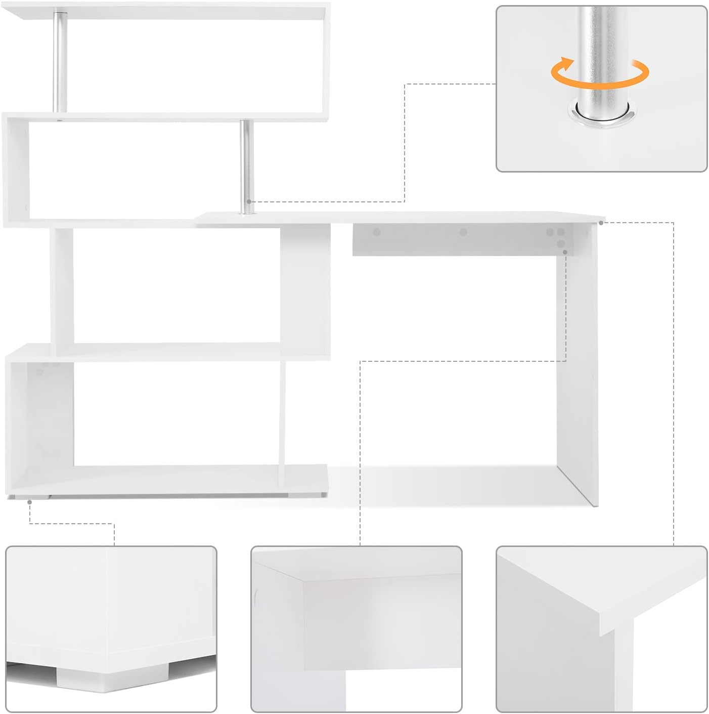 Mondeer Computertisch L-Förmig, Eckschreibtisch, mit 360 Grad Drehbarem Bücherregal für Arbeitszimmer Wohnzimmer Büro 157 x 45 x 130,5 cm, Weiß