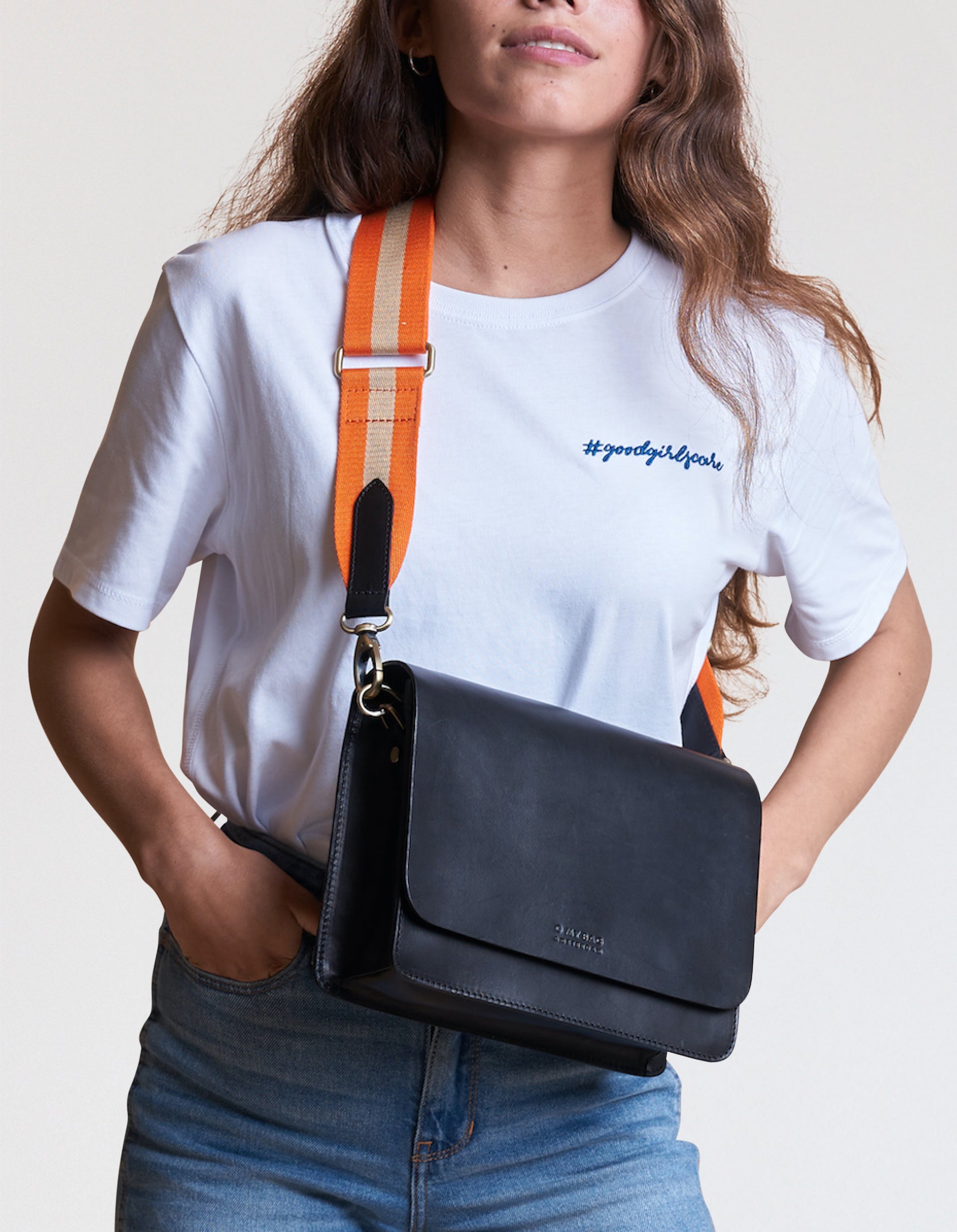 Striped Webbing Strap - Orange & Black Classic leather
