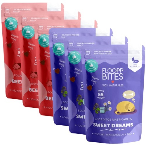 FlooppBITES petiscos macios e naturais com sabor de carne e vegetais e sonhos doces para cães.