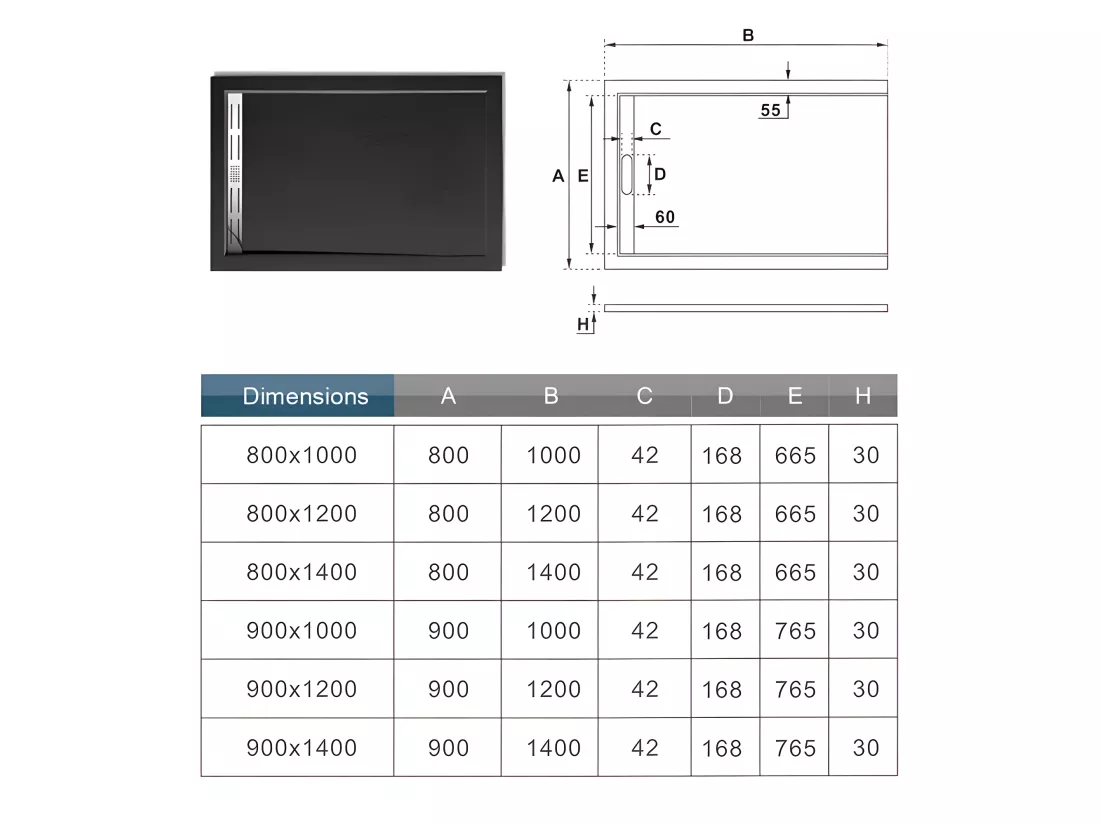 Receveur de douche 100x80cm Extra-plat bac à douche noir, avec grille en inox et bonde de série