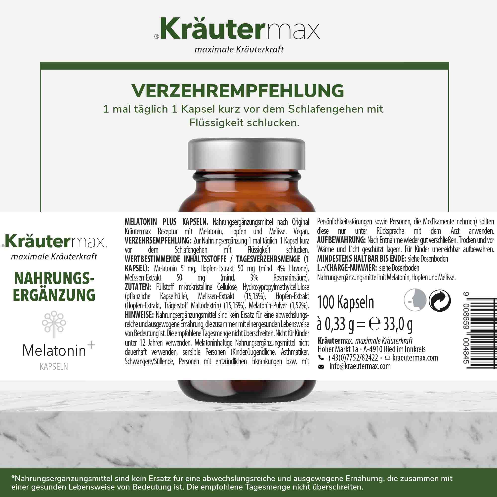 Kräutermax Melatonin 5 mg plus Hopfen und Melisse Kapseln