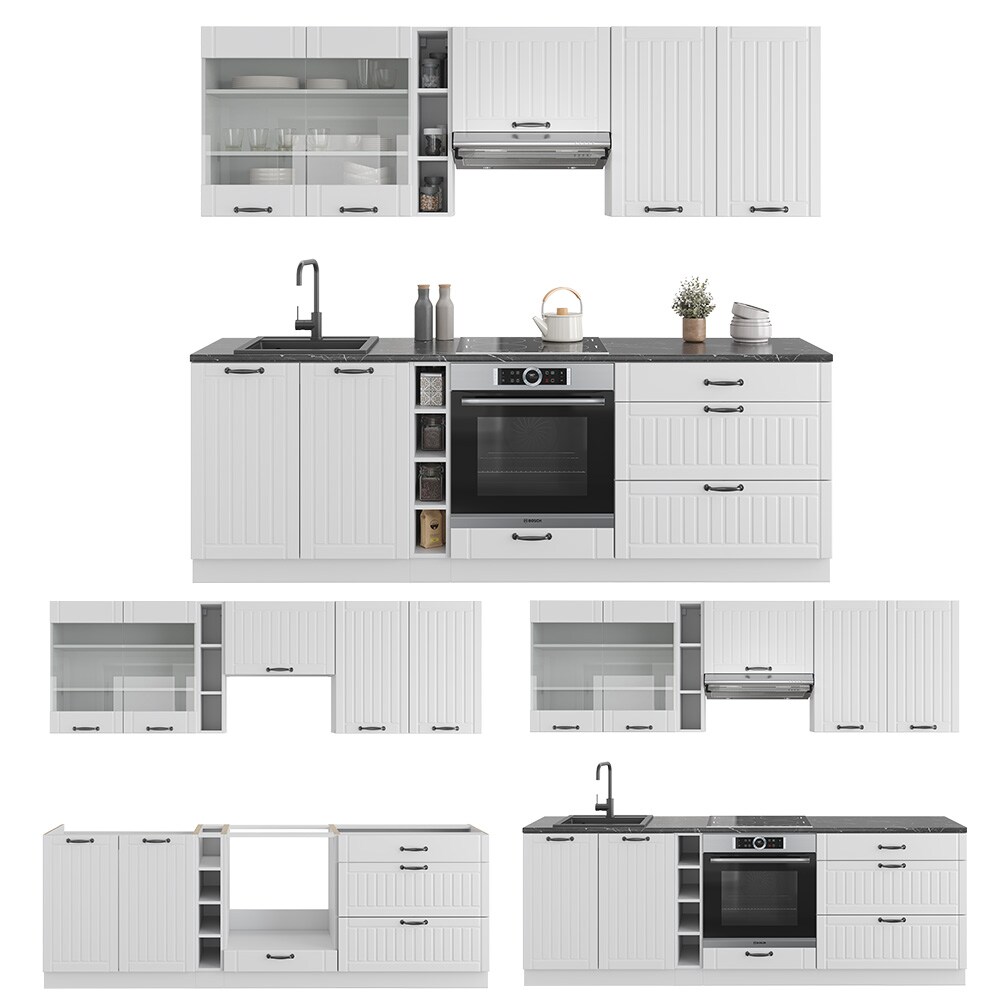 Vicco Küchenzeile Küchenblock Einbauküche Fame-Line Landhaus Weiß 235 cm Küchen Schränke Hängeglasschrank Hängeschrank Schubladenunterschrank Spülenunterschrank Herdumbauschrank