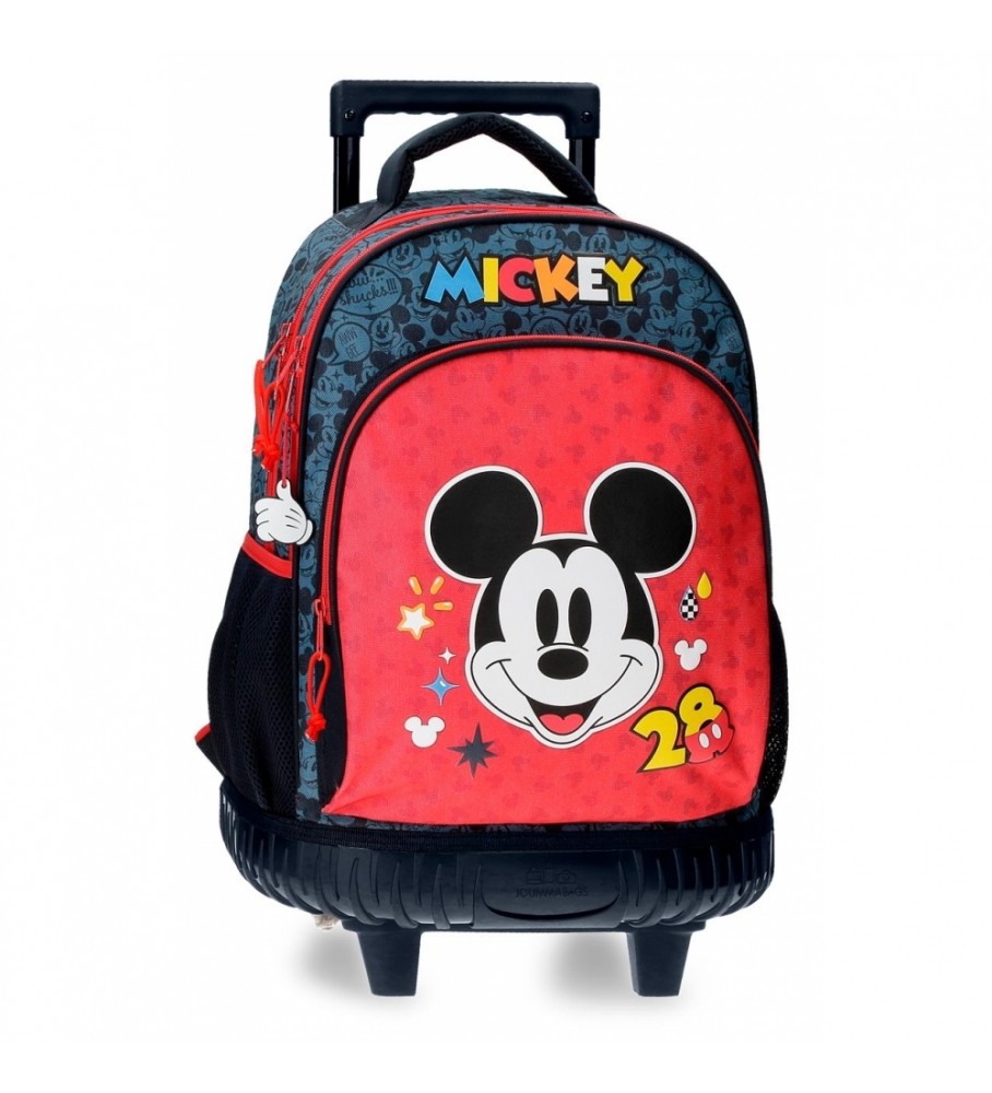 Mochila Joumma Bags Mickey Get Moving com duas rodas e dois compartimentos, vermelha e azul - 32x45x21cm -