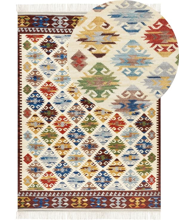 Gulvteppe Teppe Ull Flerfarget 200 x 300 cm Håndvevd Kelim Flatvevd Orientalsk mønster med dusker Tradisjonell Stue Soverom