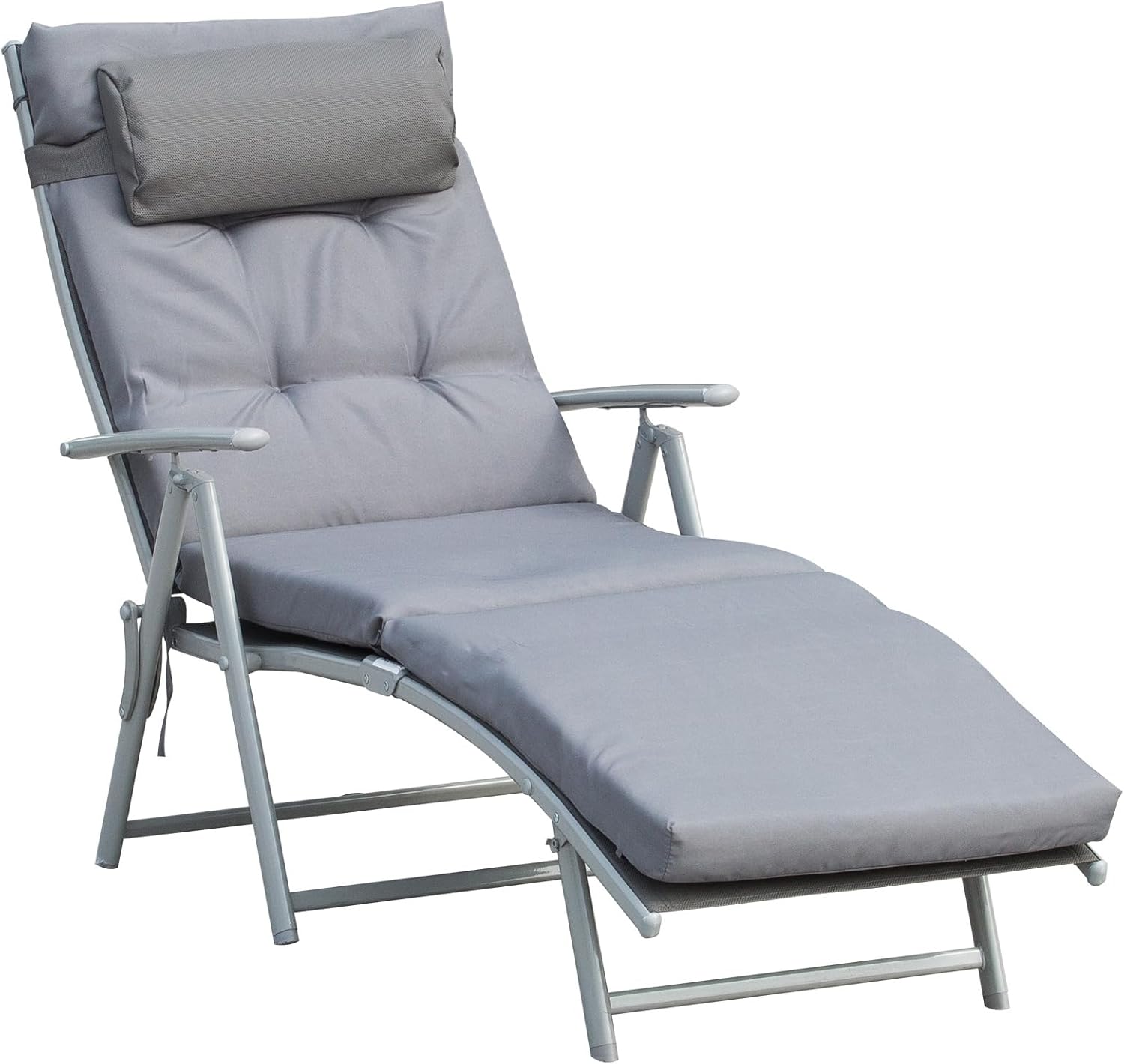 Outsunny Sonnenliege klappbar Strandliege mit Kopfkissen Sitzkissen Liegestuhl mit 7-Fach verstellbare Rückenlehne Gartenliege Relaxliege bis 165 kg belastbar, für Garten Urlaub Outdoor, Grau