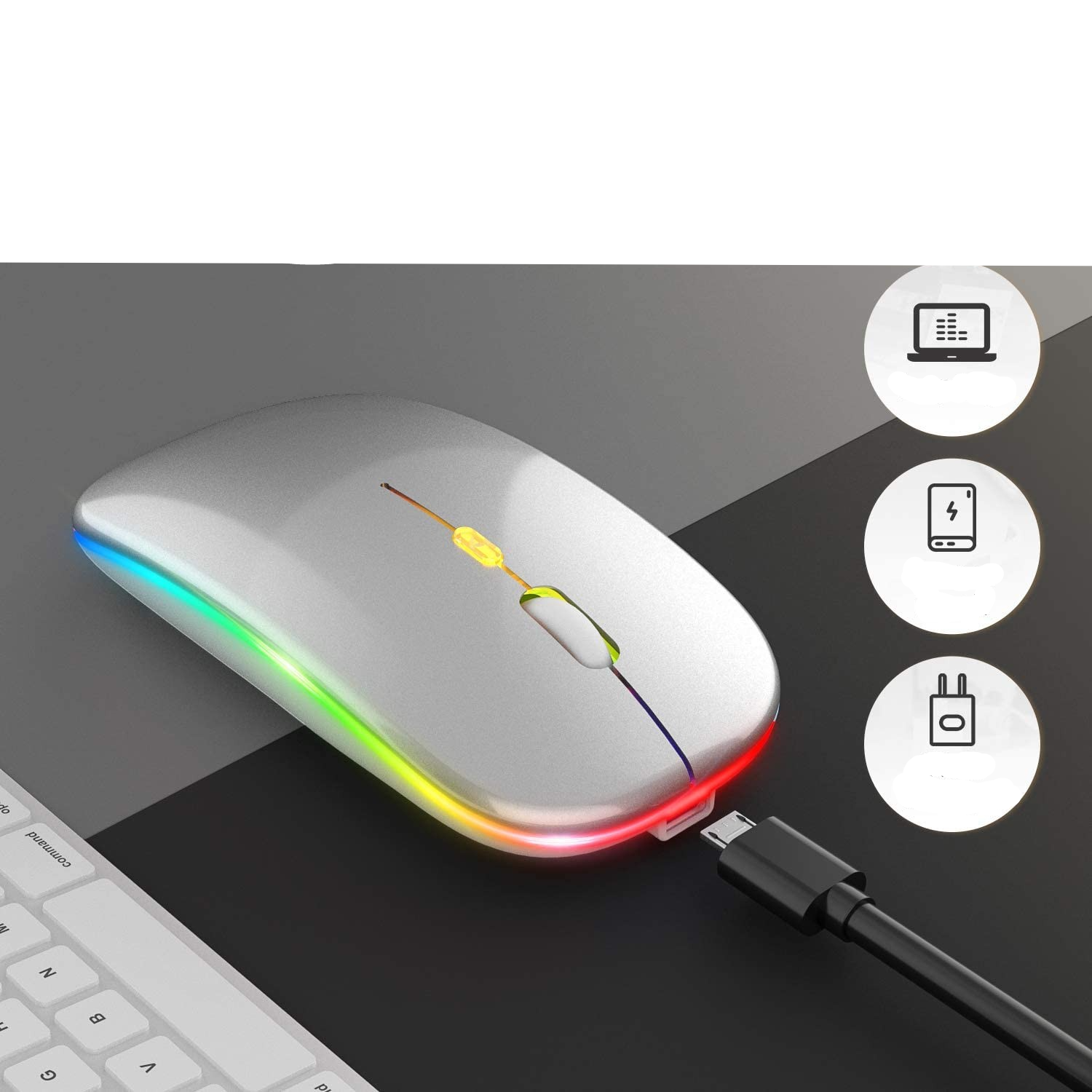 2.4GHz Optische Wireless Funk Maus 1200 DPI mit LED Beleuchtung mit 500mAh Akku USB C Adapter - Schwarz