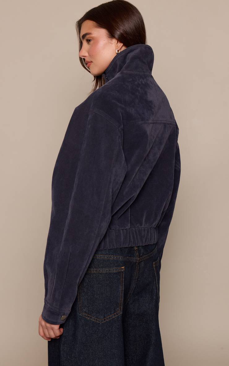 Bleu Marine Blouson Aviateur Court En Synthétique Col Montant Avec Poches Utilitaires
